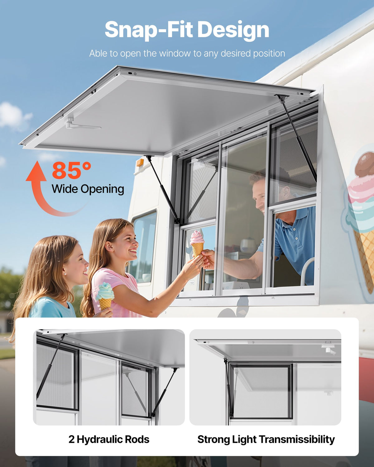 VEVOR Concession Window 152x92 cm, Aluminum Alloy Service Window for Food Truck, Up to 85 Degrees Stand Serving Window with 6 Sliding Windows, Awning Door, and Drag Hook, for Concession Trailers