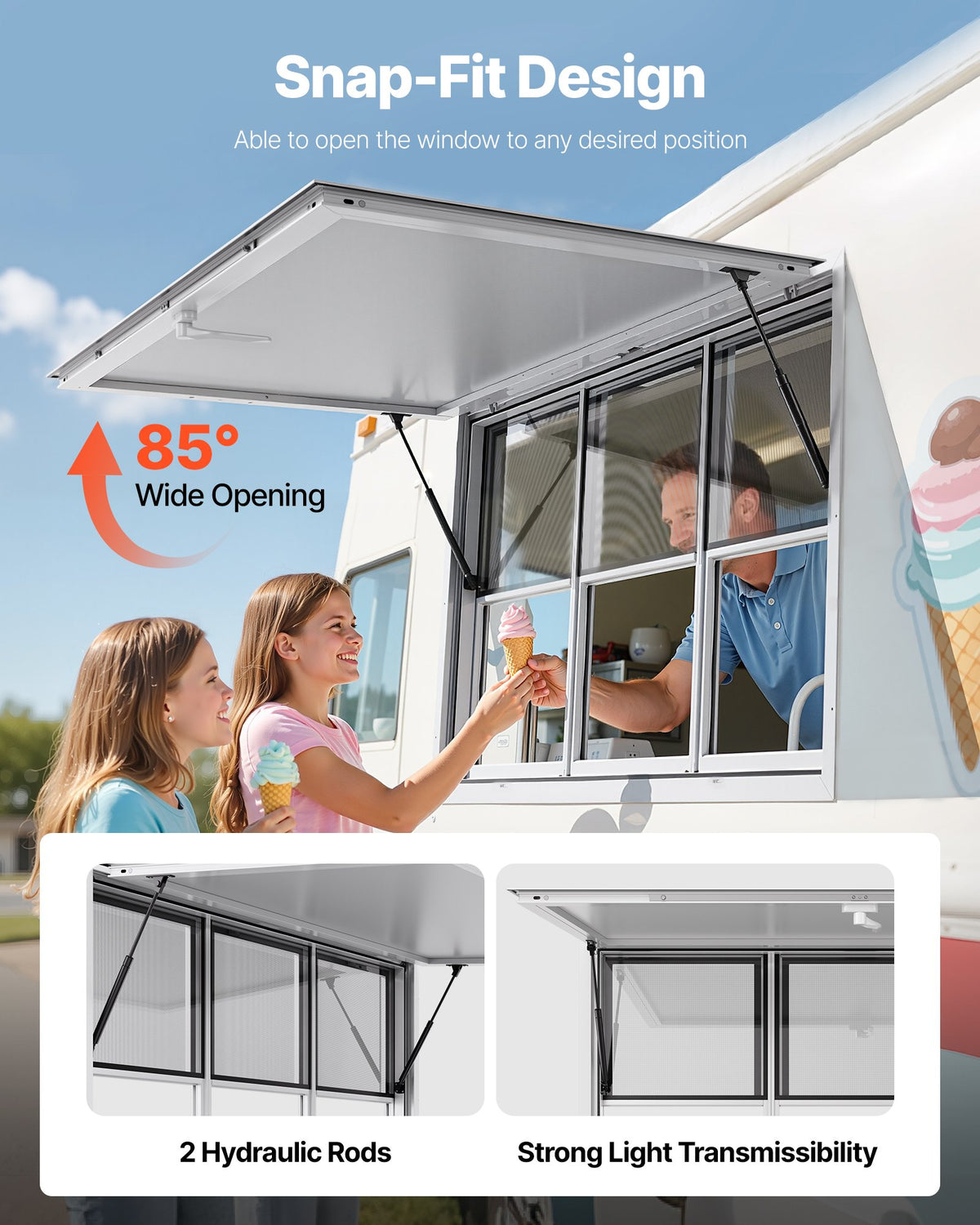 VEVOR Concession Window 152x92 cm, Aluminum Alloy Service Window for Food Truck, Up to 85 Degrees Stand Serving Window with 6 Sliding Windows, Awning Door, and Drag Hook, for Concession Trailers