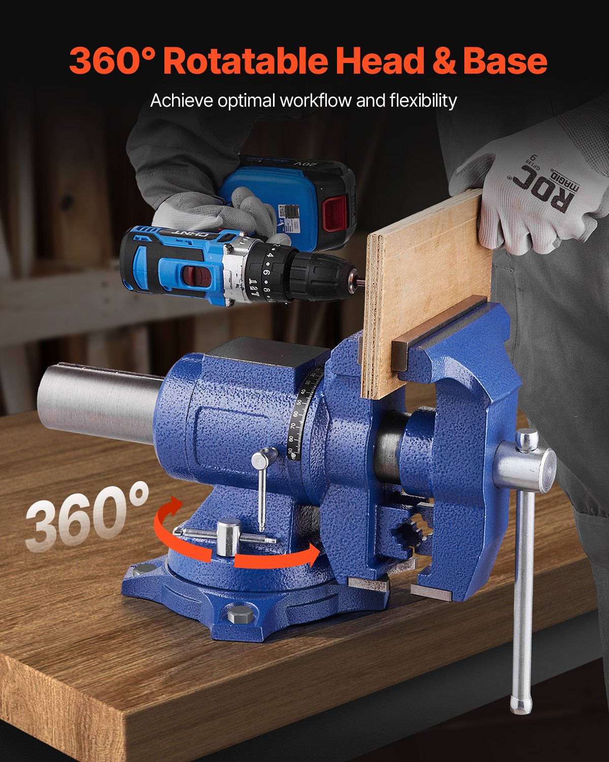 VEVOR Heavy Duty Bench Vise, 165 mm / 6.5" Jaw Width, 125 mm/5" Max Jaw Opening Multi-Purpose Ductile Iron Bench Vise with Anvil, 360° Swivel Base Head, 3" Throat, 2549 kg/5620 lbs Clamp Force, for Pipe Repairing Metalworking