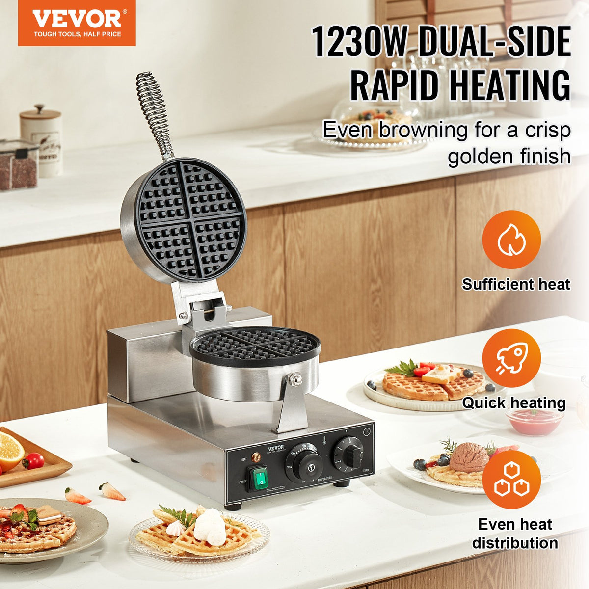 VEVOR Commercial Waffle Maker, 1230W Round Waffle Baker Machine, Non-Stick Stainless Steel Belgian Waffle Iron with Temperature and Time Control, Handle, for Restaurant Bakery Snack Bar Family