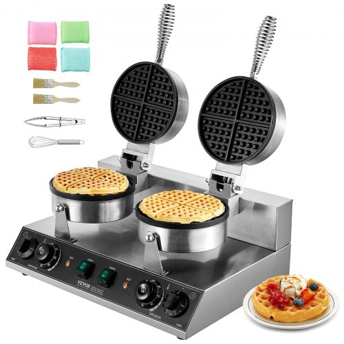 VEVOR Commercial Waffle Maker, Dual-Head Round Waffle Baker Machine, 2460W Non-Stick Stainless Steel Belgian Waffle Iron with Temp and Time Control, Handle, for Restaurant Bakery Snack Bar Family