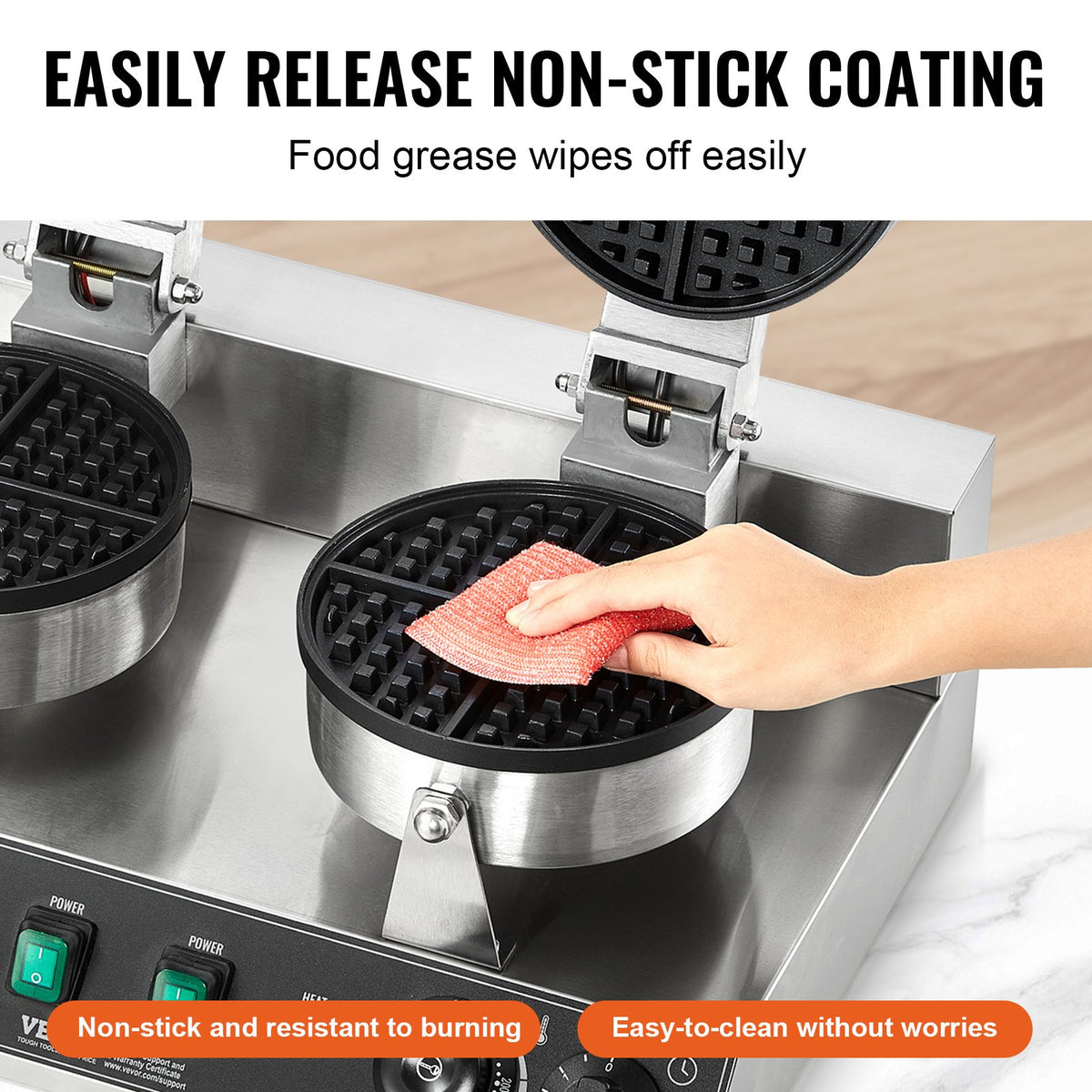 VEVOR Commercial Waffle Maker, Dual-Head Round Waffle Baker Machine, 2460W Non-Stick Stainless Steel Belgian Waffle Iron with Temp and Time Control, Handle, for Restaurant Bakery Snack Bar Family