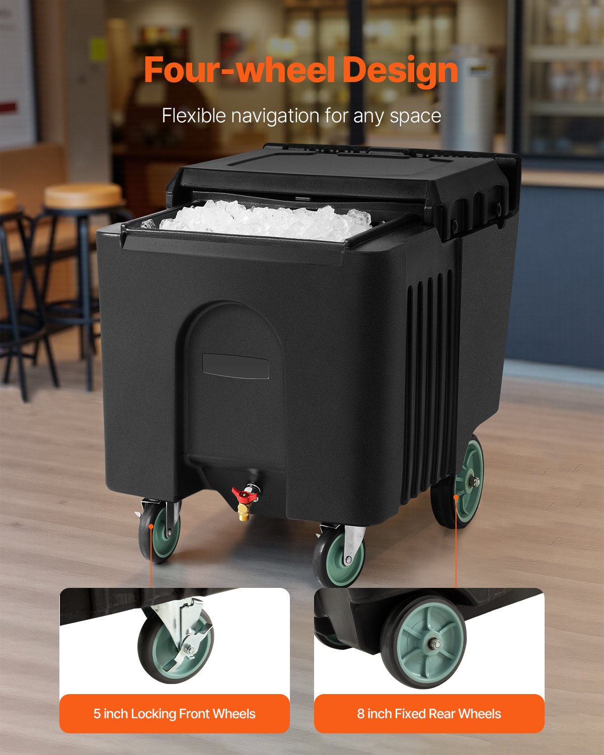 VEVOR Commercial Ice Bin, 125 lbs Portable Ice Caddy, 31.5 x 22.8 x 29 inch Insulated Ice Carrier with 4 Wheels and Sliding Lid, Large Ice Bin for Catering, Kitchens, Bistros, Restaurants, and Bars