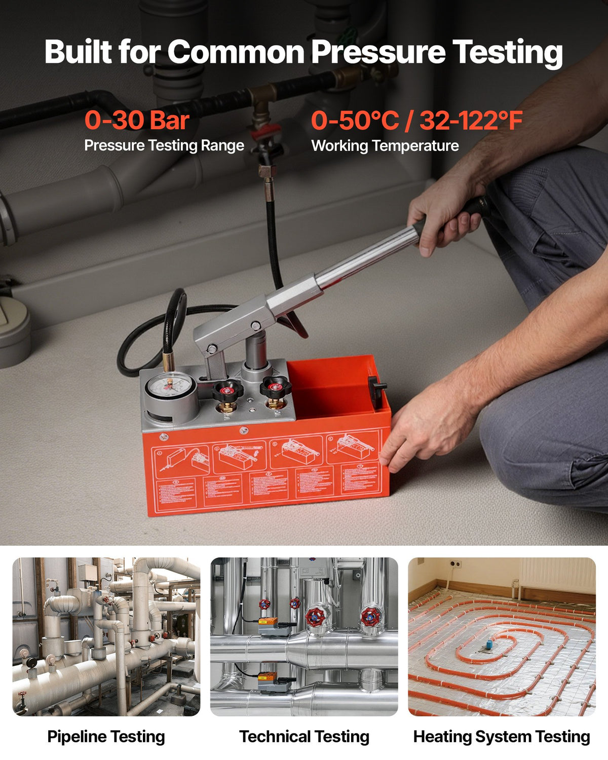 VEVOR Hydrostatic Test Pump 6.06 L Hydraulic Manual Water Pressure Tester, Dual Valve Hydrostatic Water Pipe Leakage Pressure Test Pump Kit with Gauge & Tank, 0-30 Bar Range, for Pipeline Heating