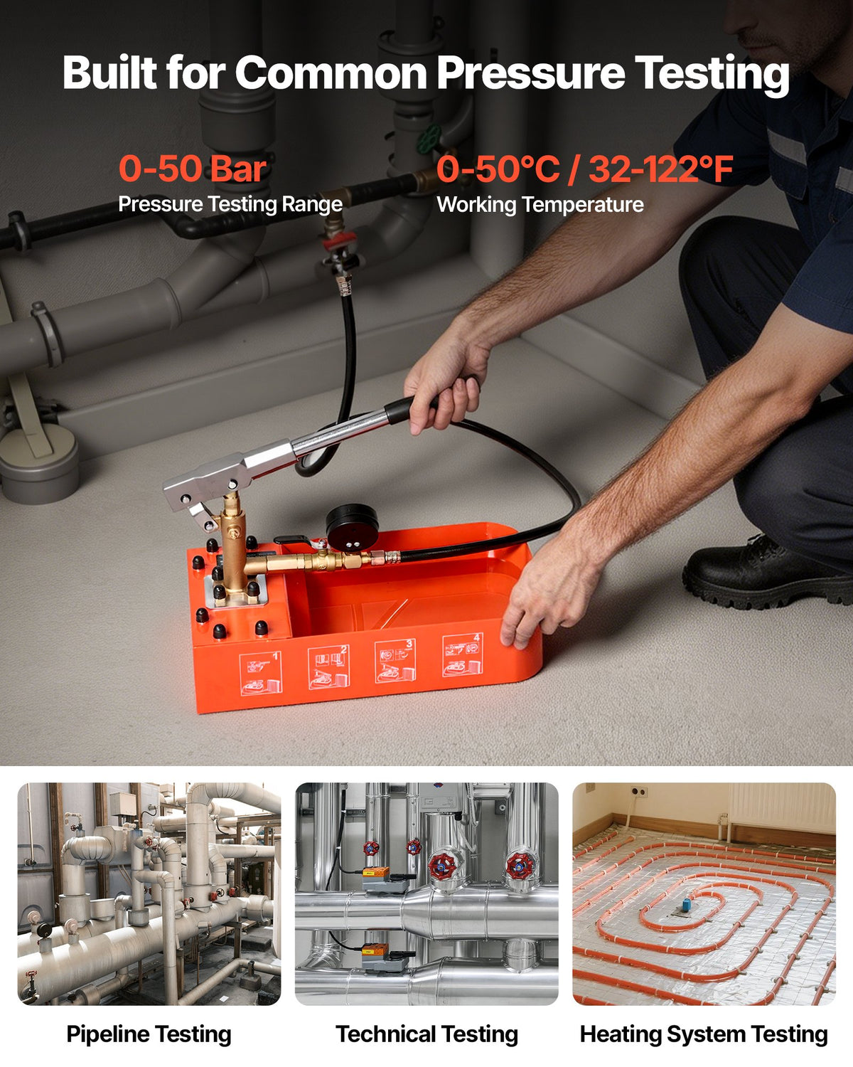 VEVOR Hydrostatic Test Pump 7.57 L Hydraulic Manual Water Pressure Tester, Single Valve Hydrostatic Water Pipe Leakage Pressure Test Pump Kit with Gauge & Tank, 0-50 Bar Range, for Pipeline Heating