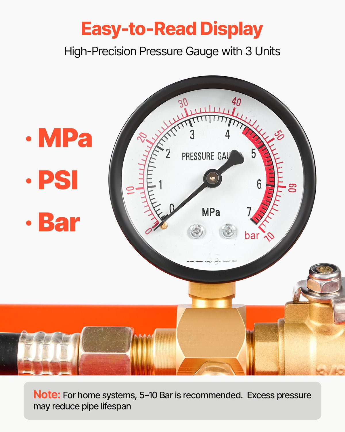 VEVOR Hydrostatic Test Pump 7.57 L Hydraulic Manual Water Pressure Tester, Single Valve Hydrostatic Water Pipe Leakage Pressure Test Pump Kit with Gauge & Tank, 0-50 Bar Range, for Pipeline Heating