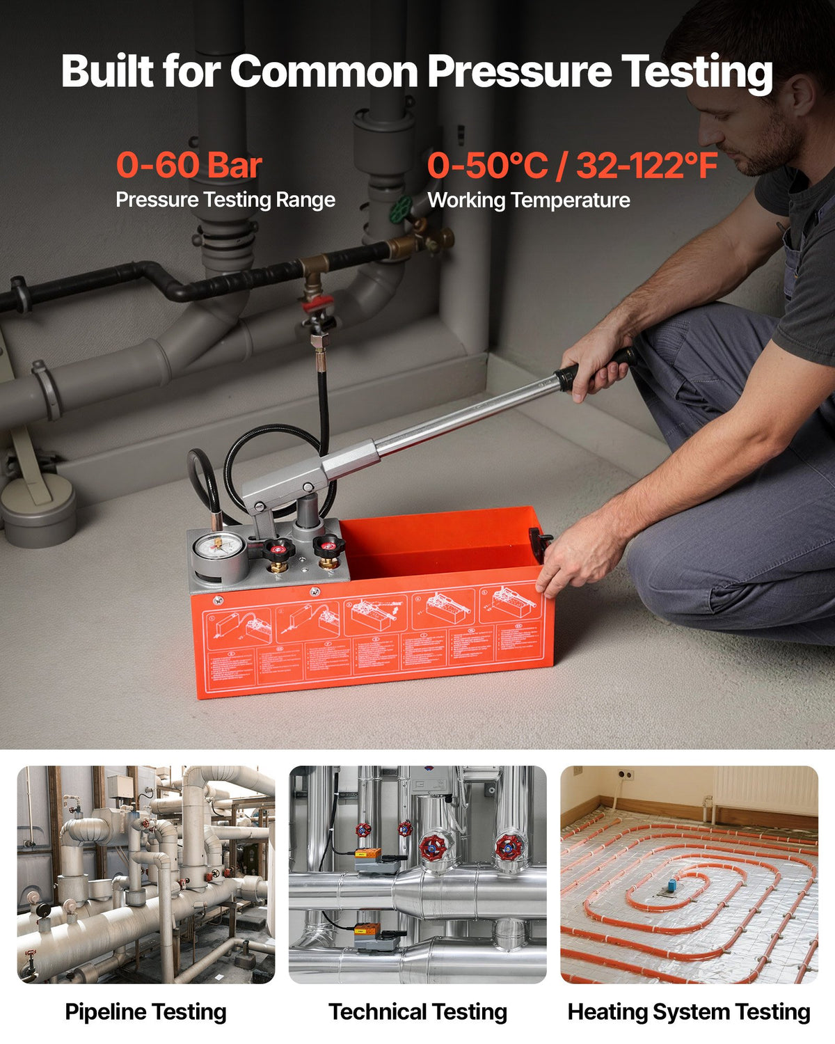 VEVOR Hydrostatic Test Pump 7.57 L Hydraulic Manual Water Pressure Tester, Dual Valve Hydrostatic Water Pipe Leakage Pressure Test Pump Kit with Gauge & Tank, 0-60 Bar Range, for Pipeline, Heating