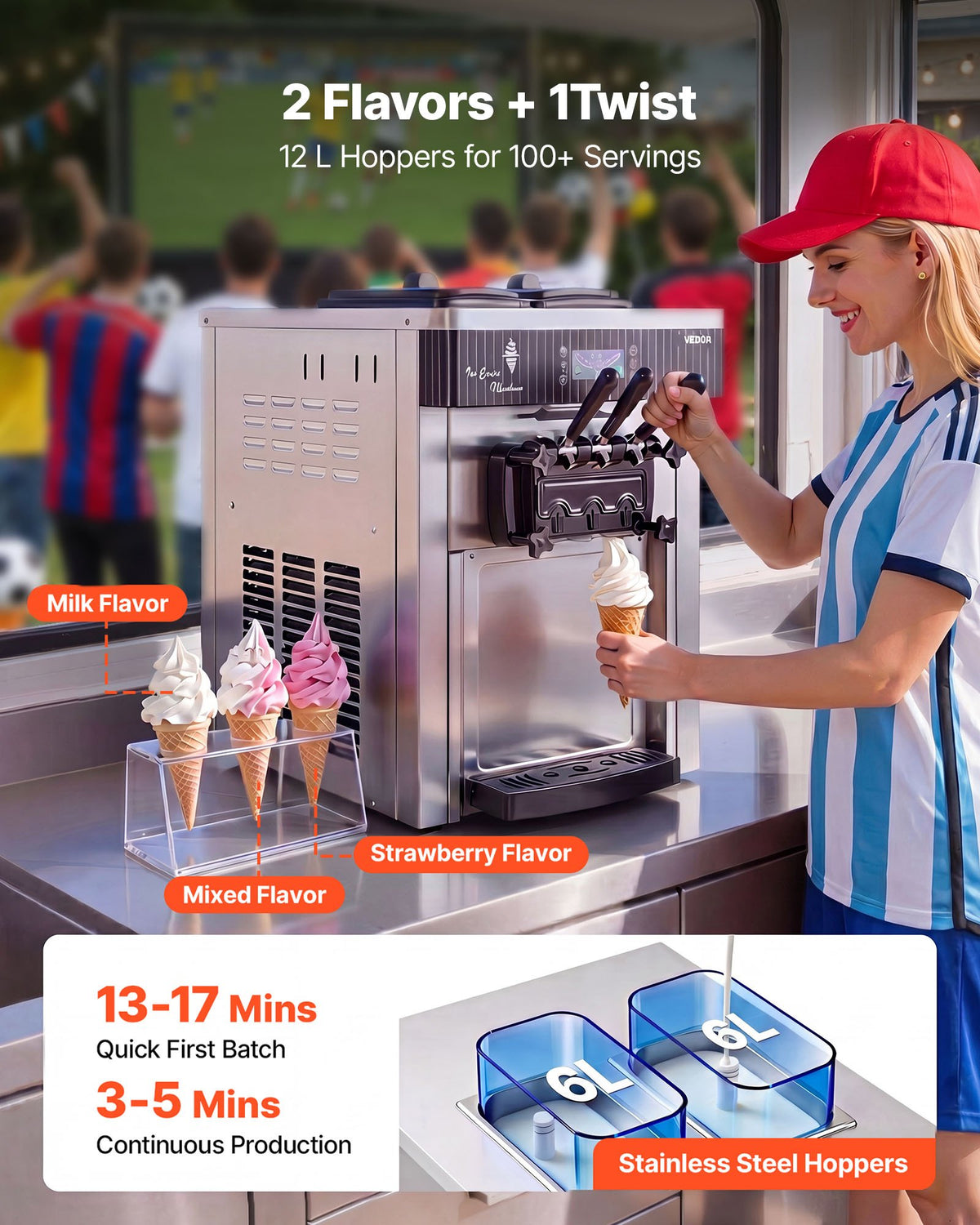 VEVOR Commercial Ice Cream Machine, 20-28L/H Yield, 2200W 3-Flavor Countertop Soft Serve Ice Cream Maker with 2 x 6L Hoppers & Hopper Agitation, Pre-Cooling Self-Cleaning for Snack Dessert Shops