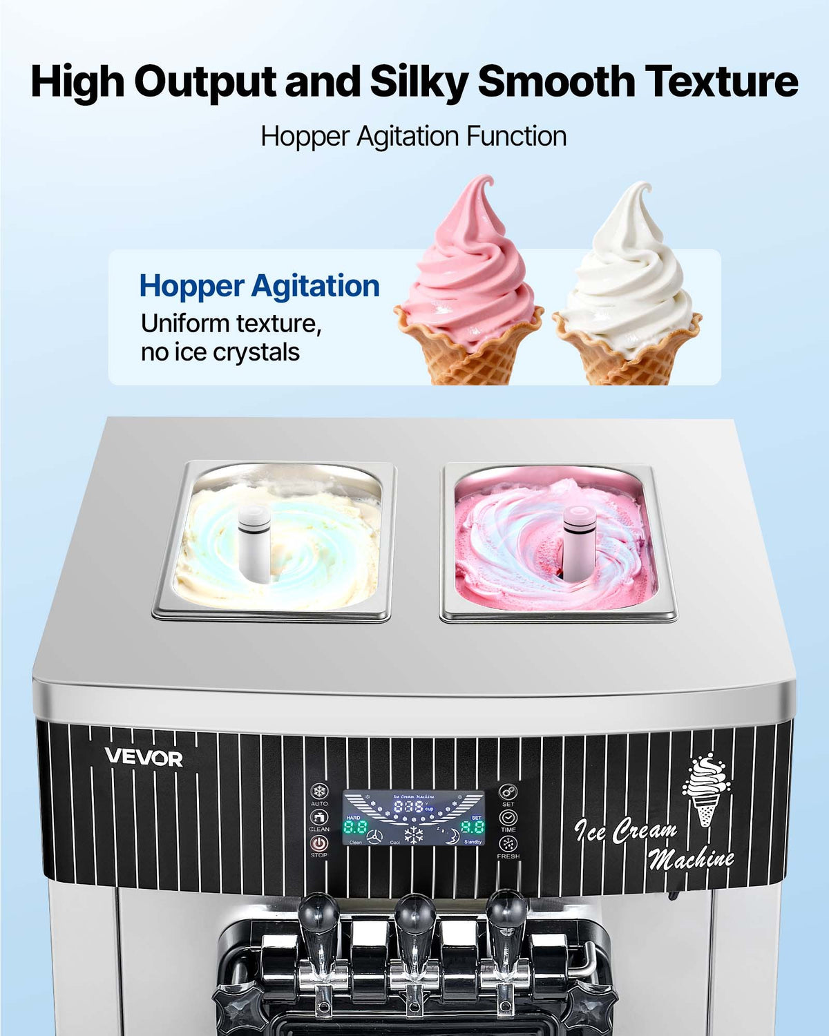 VEVOR Commercial Ice Cream Machine, 20-28L/H Yield, 2200W 3-Flavor Freestanding Soft Serve Ice Cream Maker with 2 x 6L Hoppers & Hopper Agitation, Pre-Cooling Self-Cleaning for Snack Dessert Shops