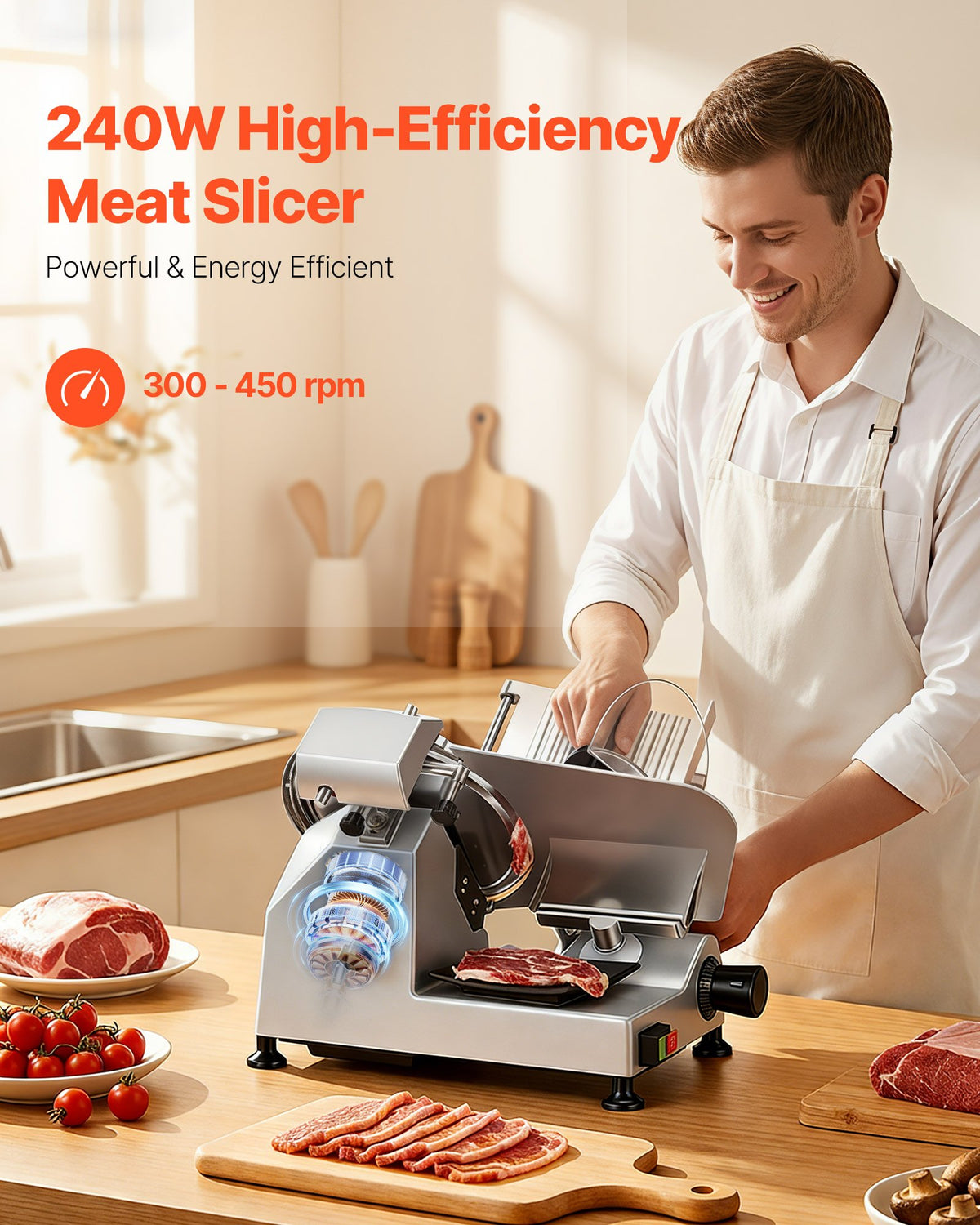 VEVOR Commercial Meat Slicer, 240W Electric Deli Food Slicer with 250mm Carbon Steel Blade, Built-In Sharpener & 0-12mm Adjustable Thickness for Frozen Meat, Ham, Baguett, Steak