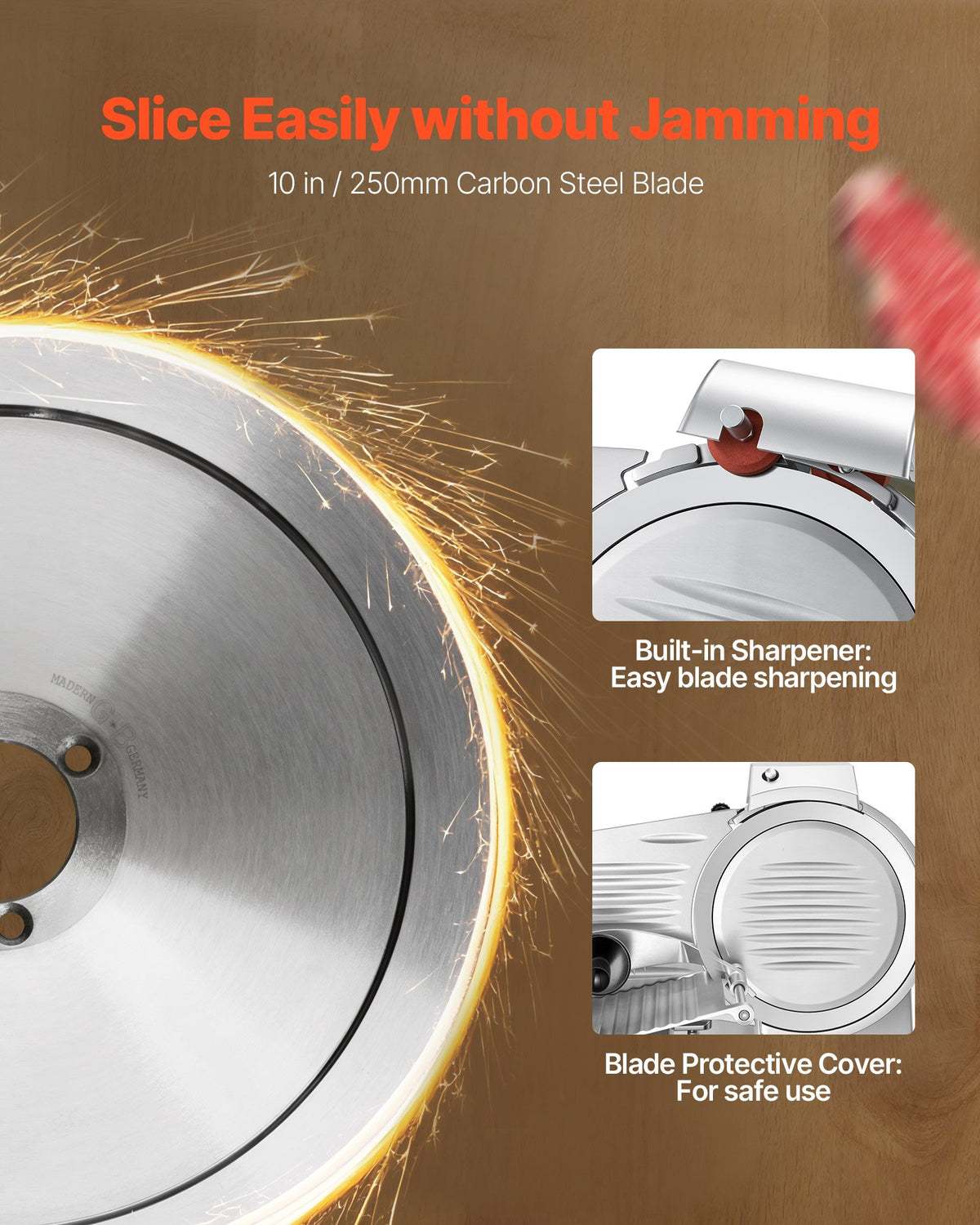 VEVOR Commercial Meat Slicer, 240W Electric Deli Food Slicer with 250mm Carbon Steel Blade, Built-In Sharpener & 0-12mm Adjustable Thickness for Frozen Meat, Ham, Baguett, Steak