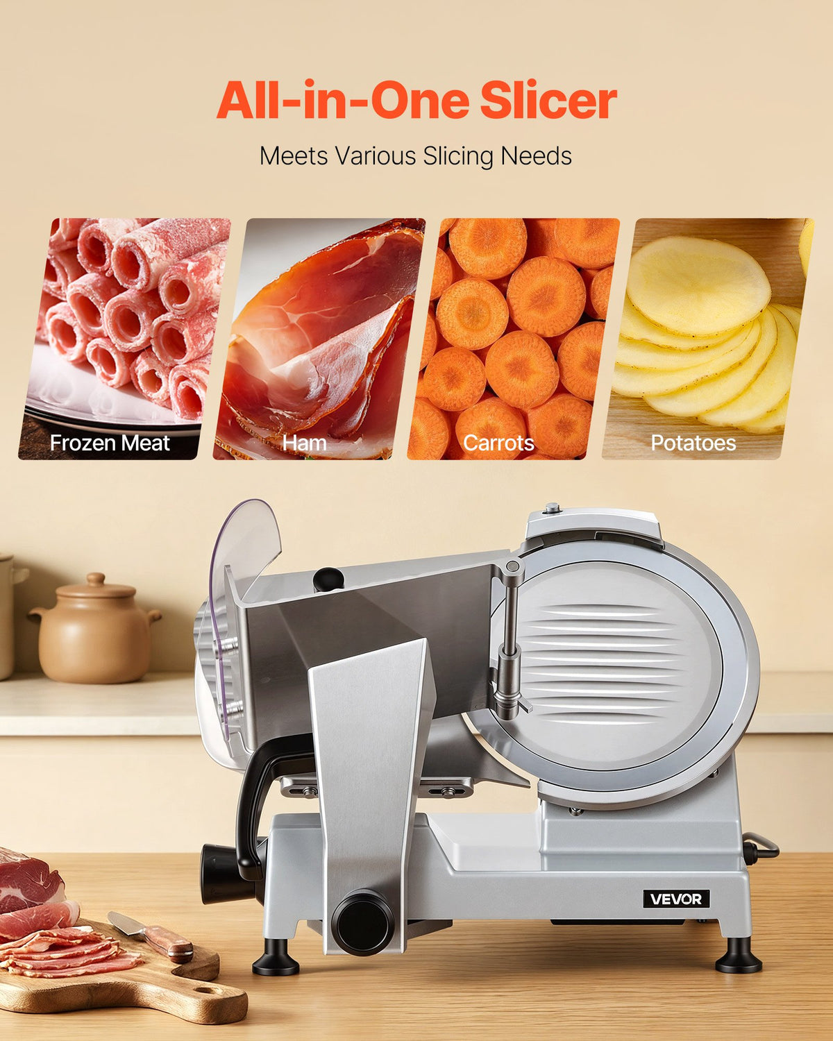 VEVOR Commercial Meat Slicer, 240W Electric Deli Food Slicer with 250mm Carbon Steel Blade, Built-In Sharpener & 0-12mm Adjustable Thickness for Frozen Meat, Ham, Baguett, Steak