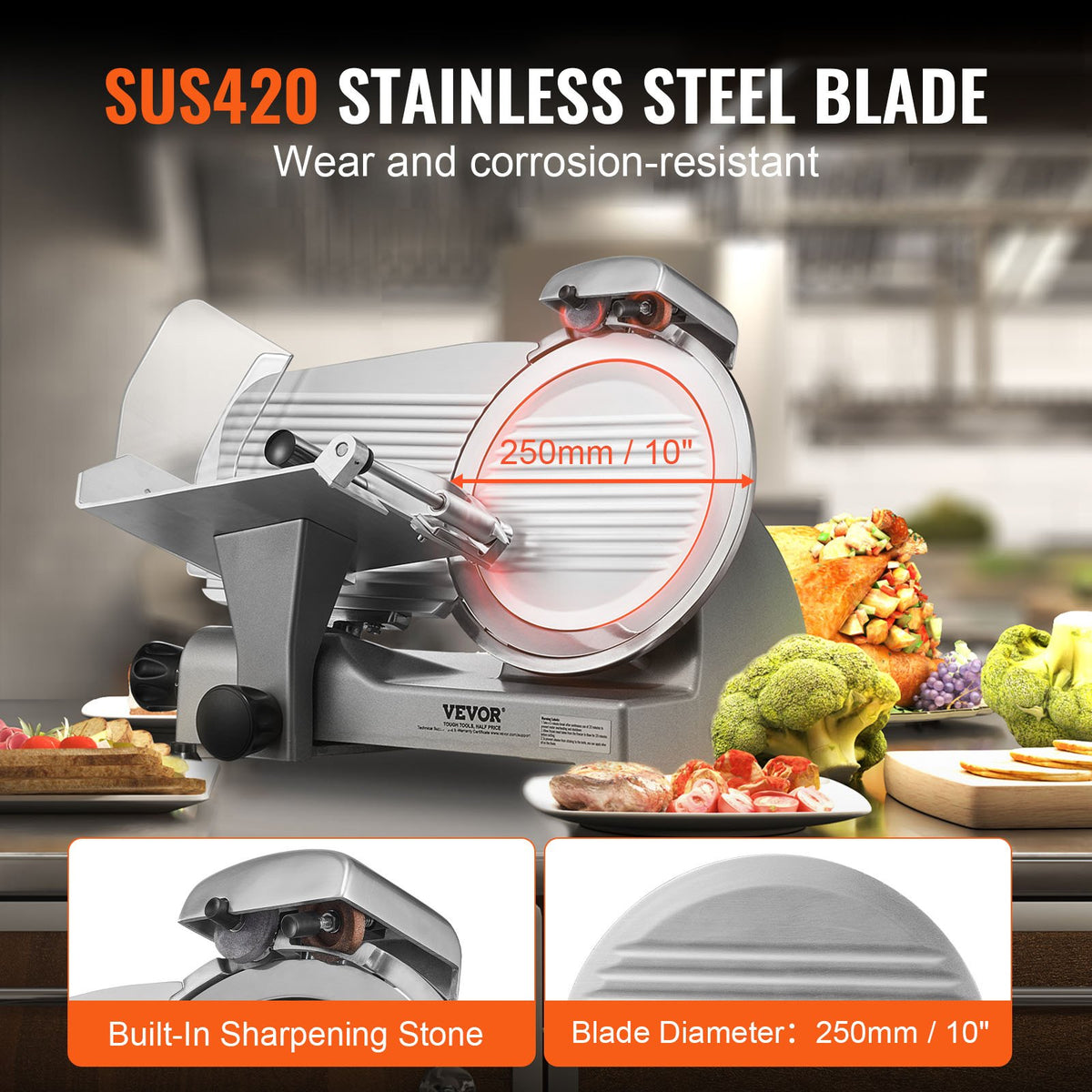 VEVOR Meat Slicer, 340W Electric Deli Food Slicer with 25.4 cm SUS420 Stainless Steel Blade and Built-in Sharpening Stone, 0-0.6 inch Adjustable Thickness for Commercial and Home Use, Cut Meat and Cheese