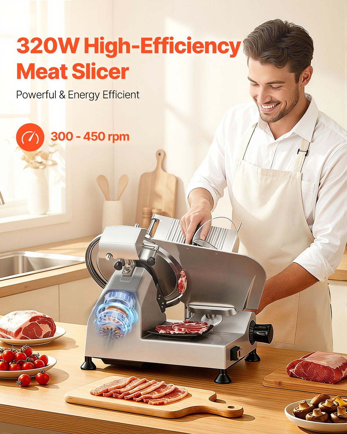 VEVOR Commercial Meat Slicer, 320W Electric Deli Food Slicer with 300mm Carbon Steel Blade, Built-In Sharpener & 0-15mm Adjustable Thickness for Frozen Meat, Ham, Baguett, Steak