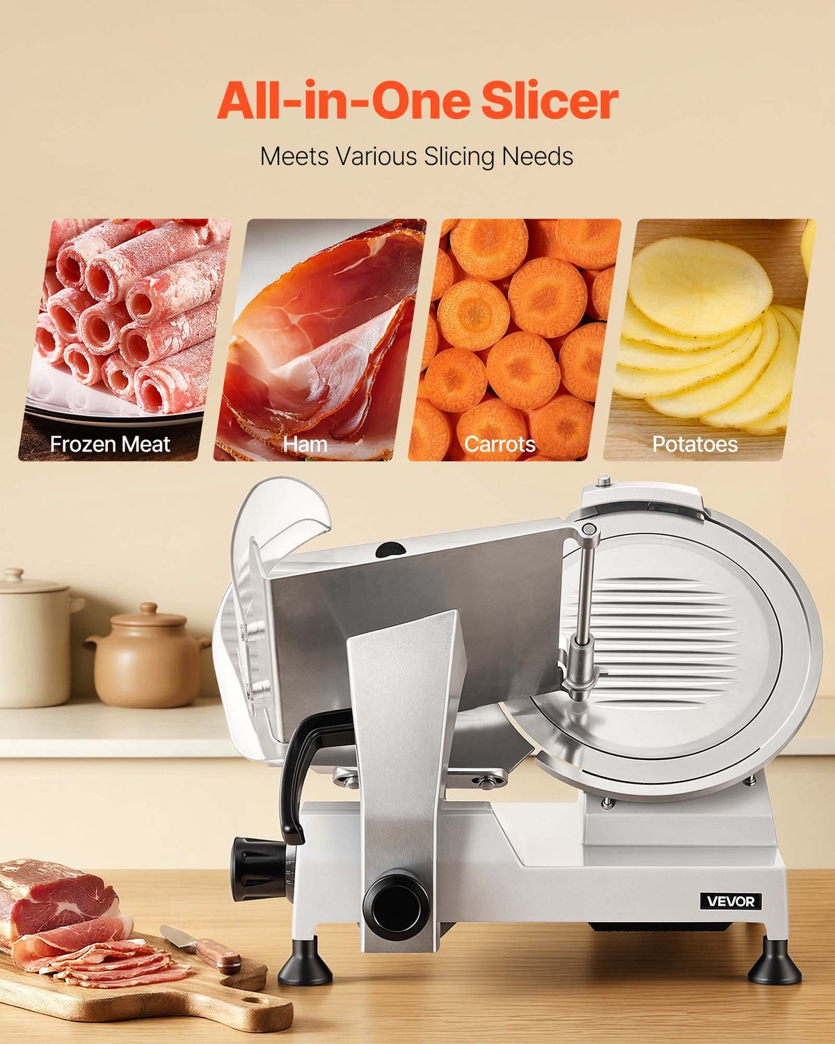 VEVOR Commercial Meat Slicer, 320W Electric Deli Food Slicer with 300mm Carbon Steel Blade, Built-In Sharpener & 0-15mm Adjustable Thickness for Frozen Meat, Ham, Baguett, Steak