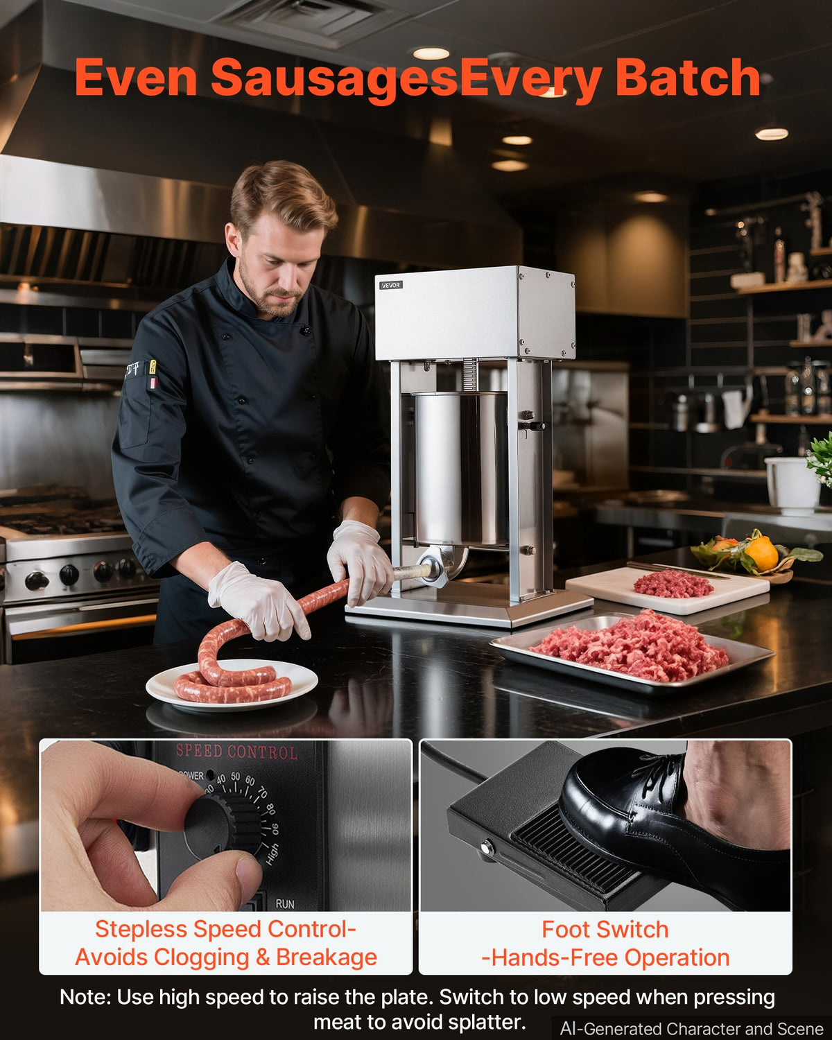 VEVOR Electric Sausage Stuffer 10L Vertical Meat Maker Stainless Steel, for Commercial Use, Stepless Speed Control Meat Stuffer, Sausage Filler Kit, 4 Filling Tubes & Foot Pedal, CE Approved