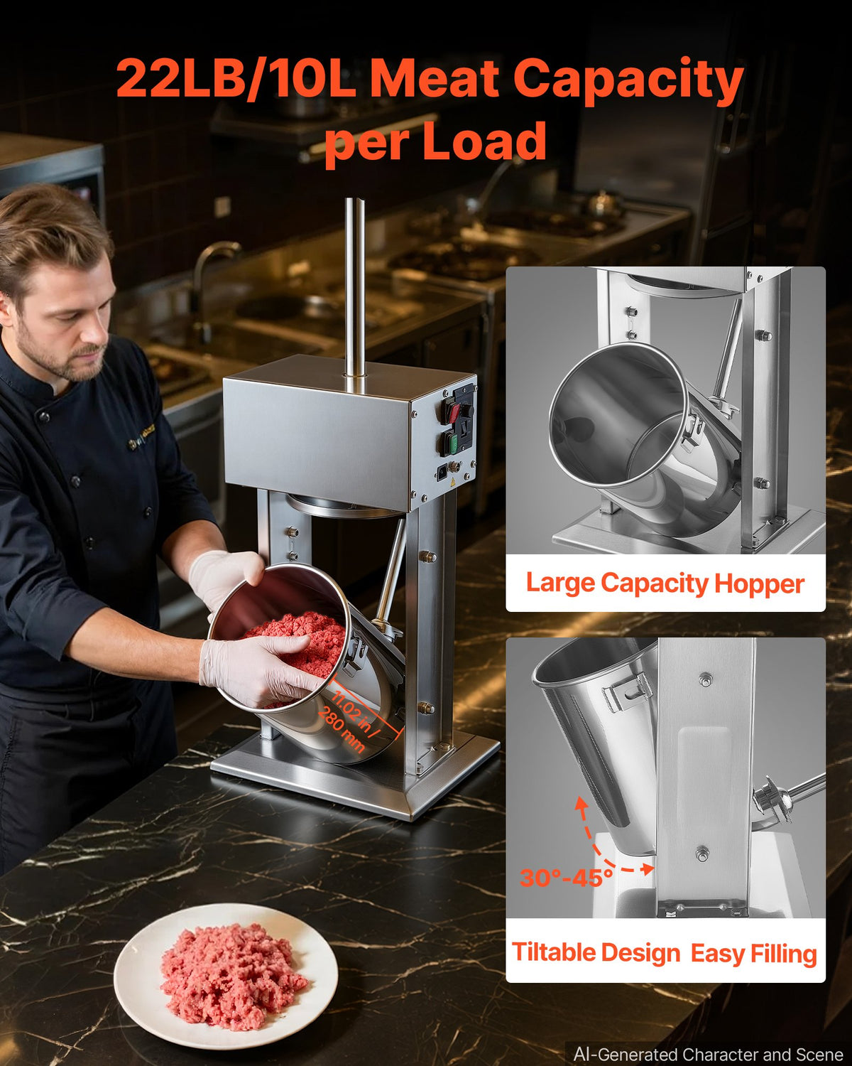 VEVOR Electric Sausage Stuffer 10L Vertical Meat Maker Stainless Steel, for Commercial Use, Stepless Speed Control Meat Stuffer, Sausage Filler Kit, 4 Filling Tubes & Foot Pedal, CE Approved