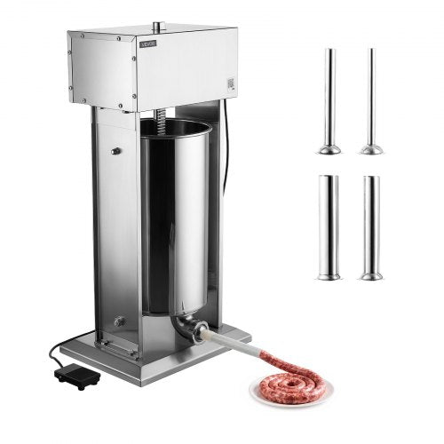 VEVOR Electric Sausage Stuffer 25L Vertical Meat Maker Stainless Steel, for Commercial Use, Stepless Speed Control Meat Stuffer, Sausage Filler Kit, 4 Filling Tubes & Foot Pedal, CE Approved
