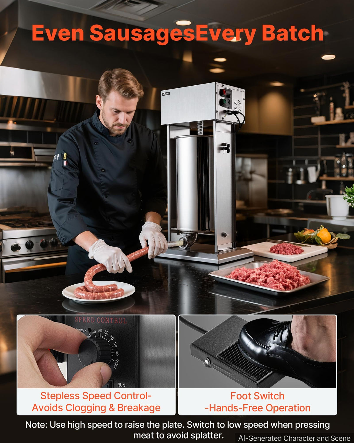VEVOR Electric Sausage Stuffer 25L Vertical Meat Maker Stainless Steel, for Commercial Use, Stepless Speed Control Meat Stuffer, Sausage Filler Kit, 4 Filling Tubes & Foot Pedal, CE Approved
