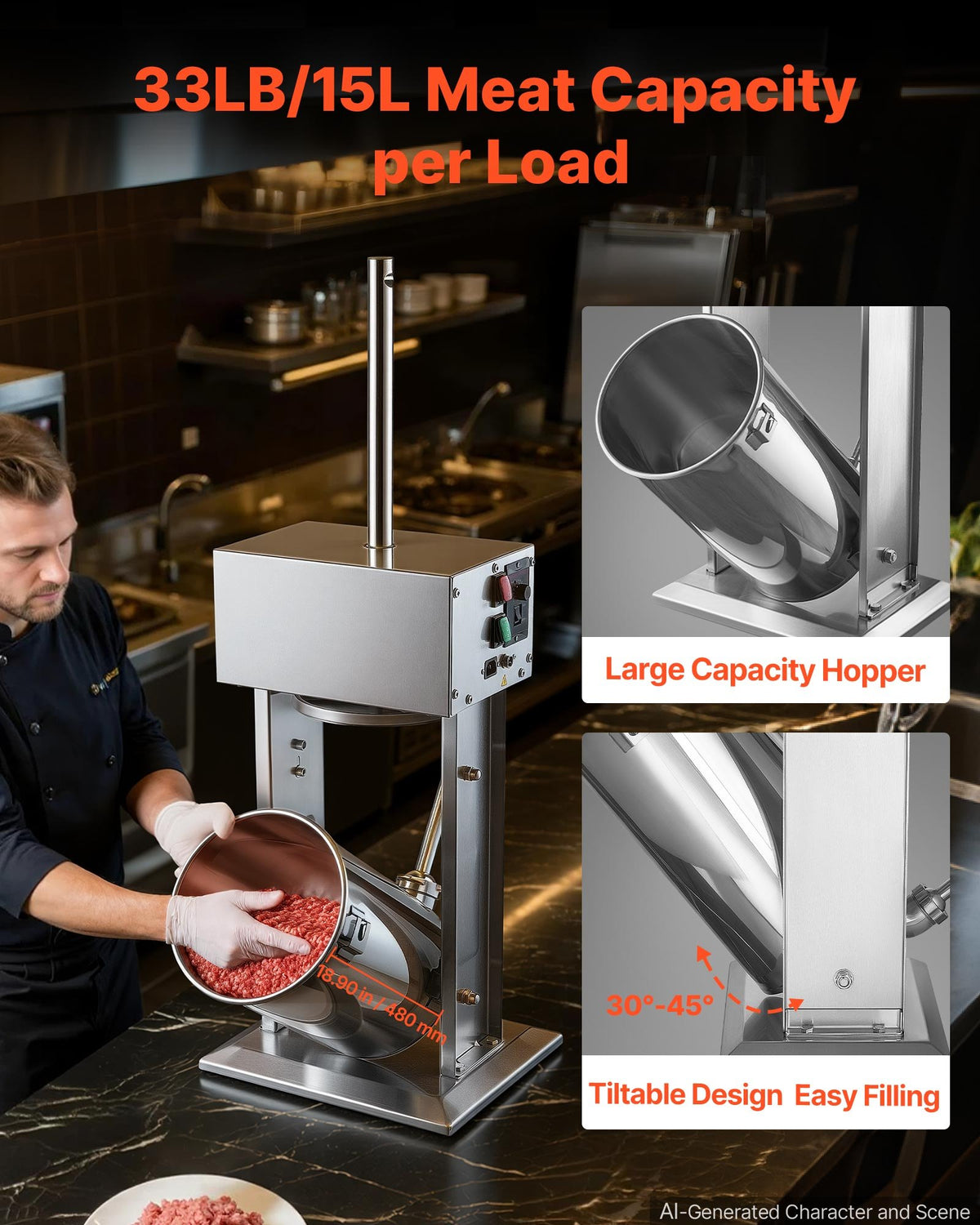 VEVOR Electric Sausage Stuffer 25L Vertical Meat Maker Stainless Steel, for Commercial Use, Stepless Speed Control Meat Stuffer, Sausage Filler Kit, 4 Filling Tubes & Foot Pedal, CE Approved