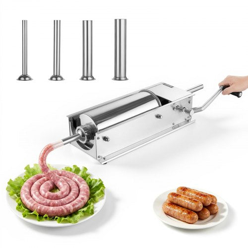 VEVOR Manual Sausage Stuffer 11 lbs/ 5L Horizontal Meat Maker Stainless Steel, for Home Camping Outdoor Grill BBQ, Dual-Speed Meat Stuffer, Professional Heavy Duty Sausage Filler Kit, 4 Filling Tubes