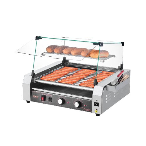 VEVOR Hot Dog Roller, 30 Hot Dog 11 Rollers, Stainless Steel Sausage Grill Cooker, 2200W Commercial Hot Dog Machine with Dual Temp Control, Cover, Side Storage Box, Removable Shelf & Oil Drip Tray