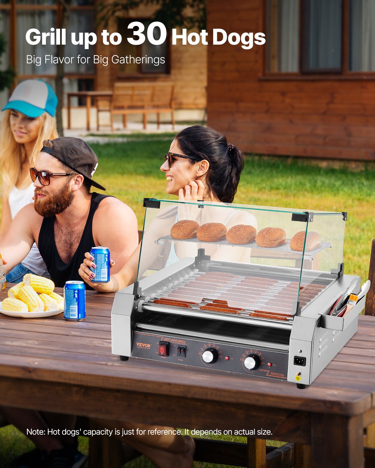 VEVOR Hot Dog Roller, 30 Hot Dog 11 Rollers, Stainless Steel Sausage Grill Cooker, 2200W Commercial Hot Dog Machine with Dual Temp Control, Cover, Side Storage Box, Removable Shelf & Oil Drip Tray
