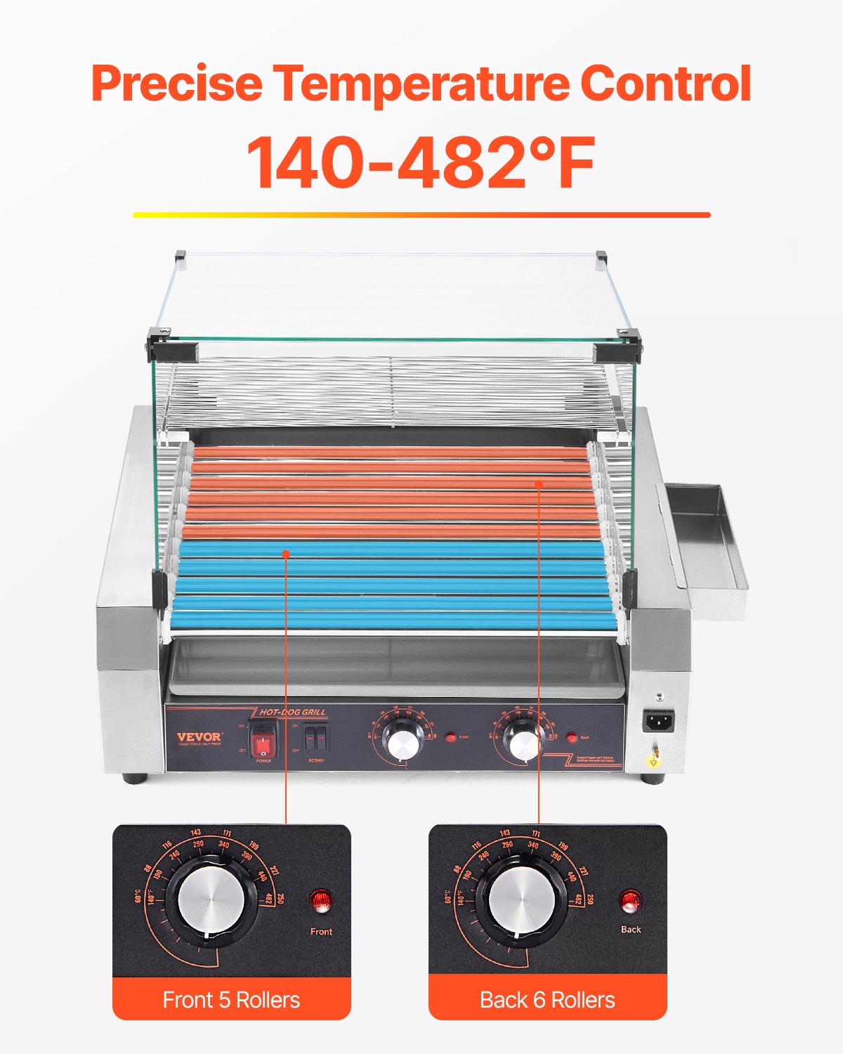 VEVOR Hot Dog Roller, 30 Hot Dog 11 Rollers, Stainless Steel Sausage Grill Cooker, 2200W Commercial Hot Dog Machine with Dual Temp Control, Cover, Side Storage Box, Removable Shelf & Oil Drip Tray