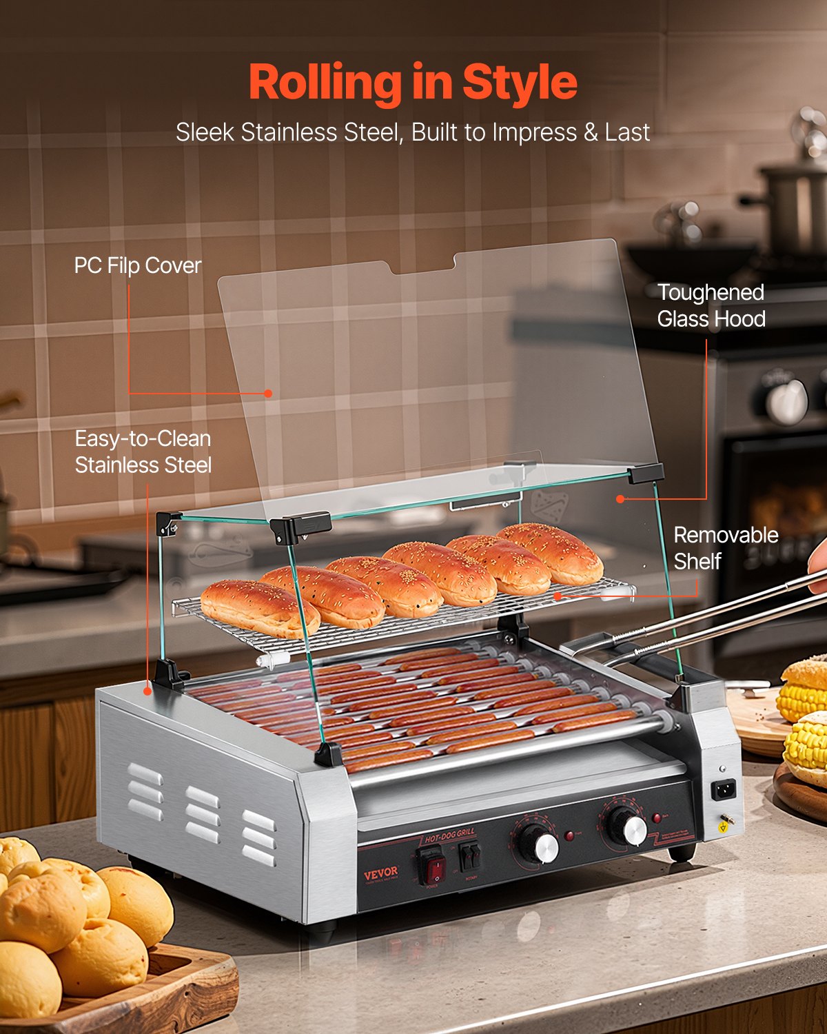 VEVOR Hot Dog Roller, 30 Hot Dog 11 Rollers, Stainless Steel Sausage Grill Cooker, 2200W Commercial Hot Dog Machine with Dual Temp Control, Cover, Side Storage Box, Removable Shelf & Oil Drip Tray