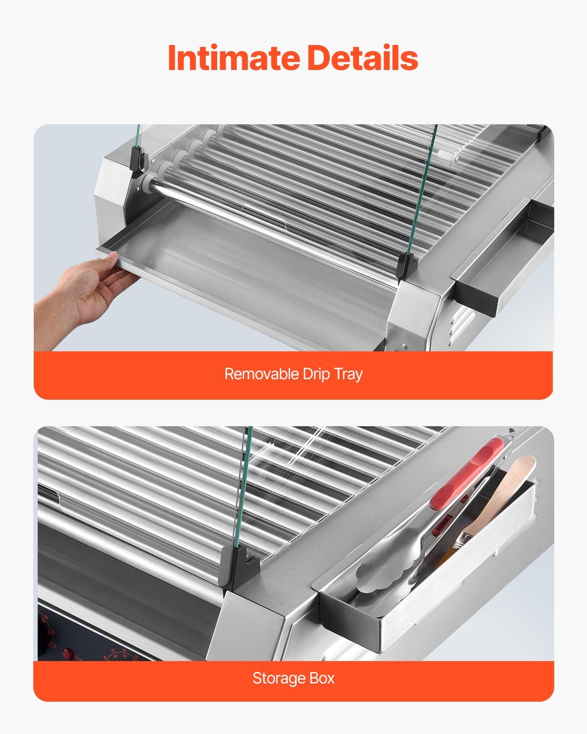 VEVOR Hot Dog Roller, 30 Hot Dog 11 Rollers, Stainless Steel Sausage Grill Cooker, 2200W Commercial Hot Dog Machine with Dual Temp Control, Cover, Side Storage Box, Removable Shelf & Oil Drip Tray