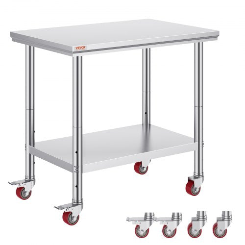 VEVOR Stainless Steel Work Table 35 x 24 x 33 Inch, 300 LBS Load Capacity with 4 Wheels, 3 Adjustable Height Levels, Heavy Duty Food Prep Worktable for Commercial Kitchen Restaurant, Silver