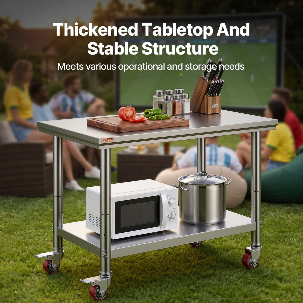 VEVOR Stainless Steel Work Table 35 x 24 x 33 Inch, 300 LBS Load Capacity with 4 Wheels, 3 Adjustable Height Levels, Heavy Duty Food Prep Worktable for Commercial Kitchen Restaurant, Silver