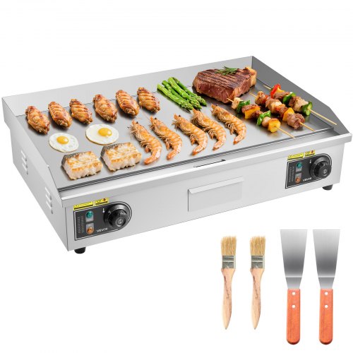VEVOR Commercial Electric Grill, 725×400mm, 4400W, 50–300°C Adjustable Temperature Control, Stainless Steel (Outer Shell), Commercial Grill Pan, Countertop Grill Pan, Comes with 2 Spatulas and 2 Brushes, Suitable for Steaks and Pancakes (No Plug).