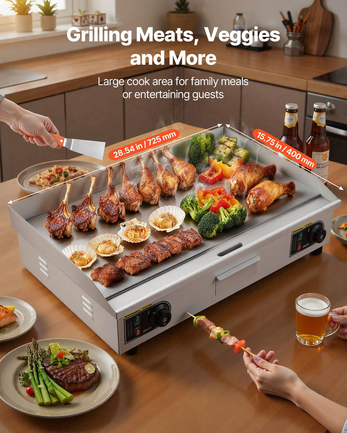 VEVOR Commercial Electric Grill, 725×400mm, 4400W, 50–300°C Adjustable Temperature Control, Stainless Steel (Outer Shell), Commercial Grill Pan, Countertop Grill Pan, Comes with 2 Spatulas and 2 Brushes, Suitable for Steaks and Pancakes (No Plug).