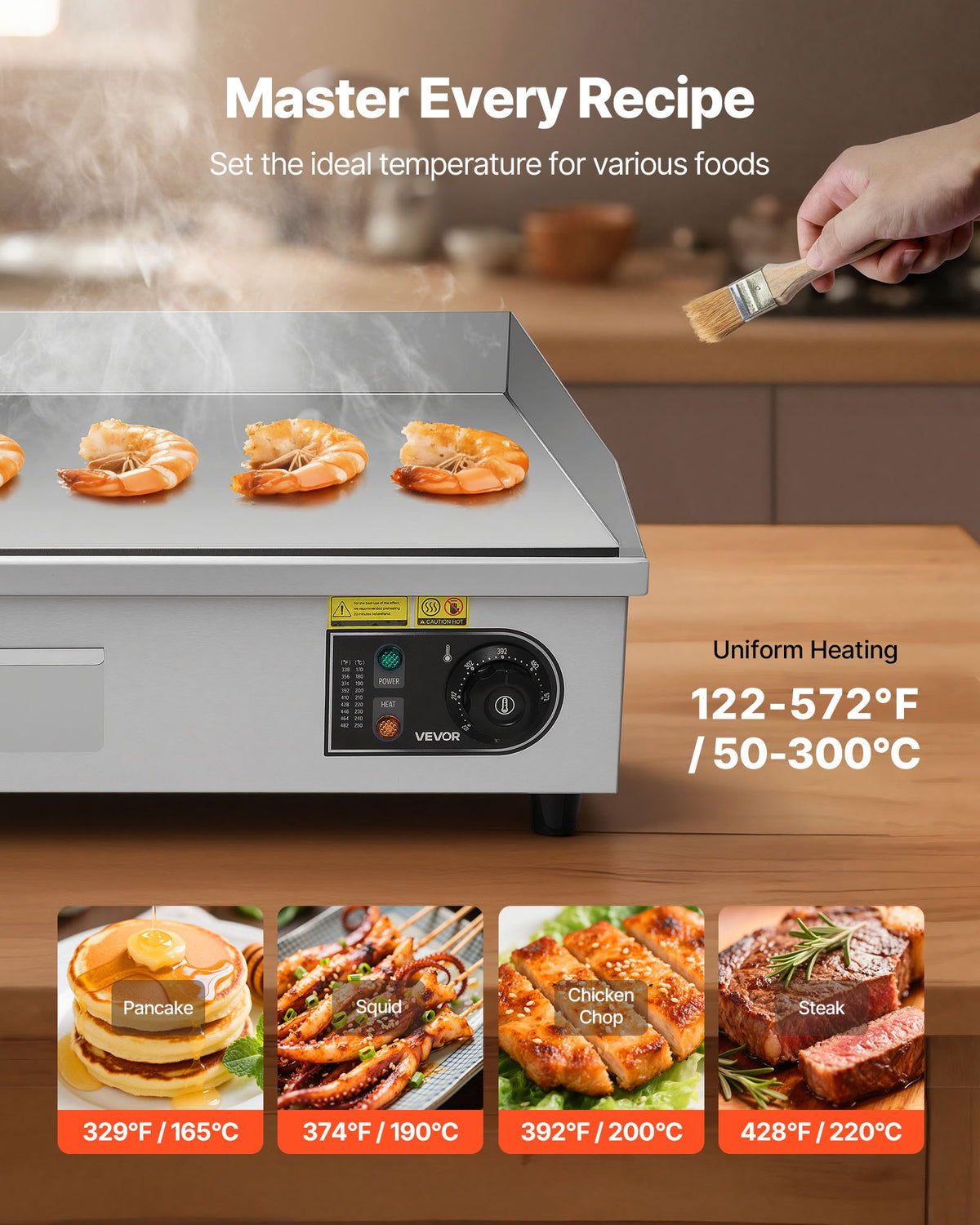 VEVOR Commercial Electric Grill, 725×400mm, 4400W, 50–300°C Adjustable Temperature Control, Stainless Steel (Outer Shell), Commercial Grill Pan, Countertop Grill Pan, Comes with 2 Spatulas and 2 Brushes, Suitable for Steaks and Pancakes (No Plug).