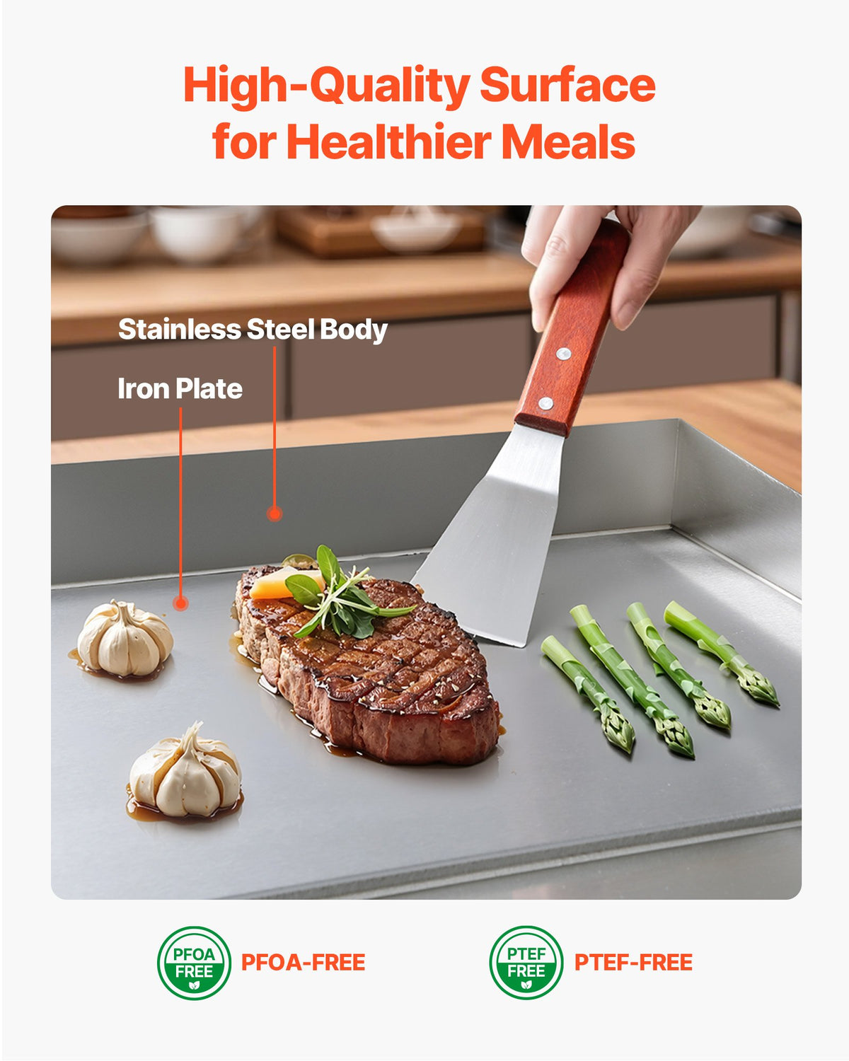 VEVOR Commercial Electric Grill, 725×400mm, 4400W, 50–300°C Adjustable Temperature Control, Stainless Steel (Outer Shell), Commercial Grill Pan, Countertop Grill Pan, Comes with 2 Spatulas and 2 Brushes, Suitable for Steaks and Pancakes (No Plug).