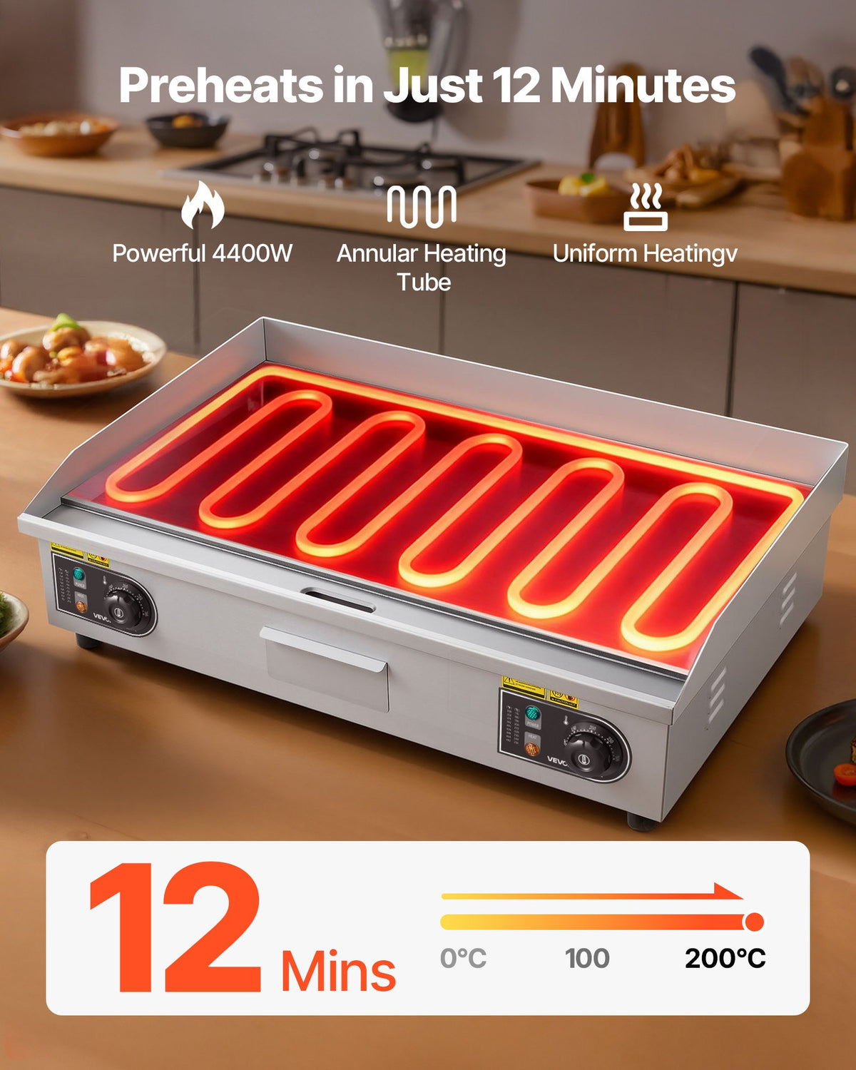 VEVOR Commercial Electric Grill, 725×400mm, 4400W, 50–300°C Adjustable Temperature Control, Stainless Steel (Outer Shell), Commercial Grill Pan, Countertop Grill Pan, Comes with 2 Spatulas and 2 Brushes, Suitable for Steaks and Pancakes (No Plug).
