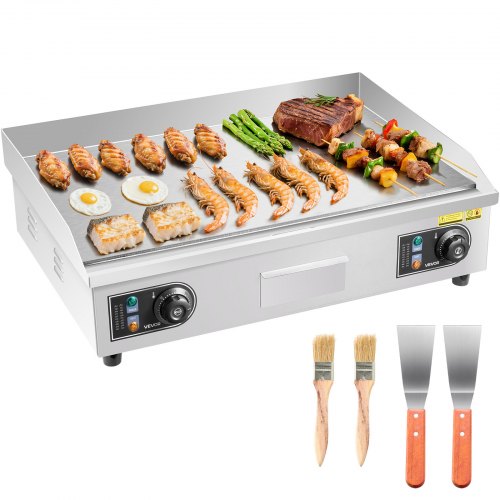VEVOR Commercial Electric Grill, 655×400mm, 4000W, 50–300°C adjustable temperature control, stainless steel (outer shell), commercial grill pan, countertop flat grill pan, comes with 2 scrapers, 2 brushes and 4 feet, suitable for steaks (no plug).