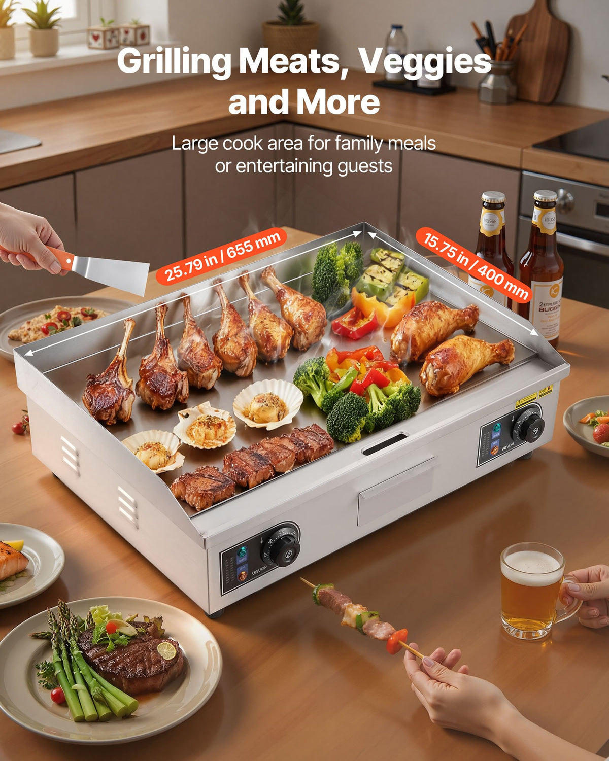 VEVOR Commercial Electric Grill, 655×400mm, 4000W, 50–300°C adjustable temperature control, stainless steel (outer shell), commercial grill pan, countertop flat grill pan, comes with 2 scrapers, 2 brushes and 4 feet, suitable for steaks (no plug).