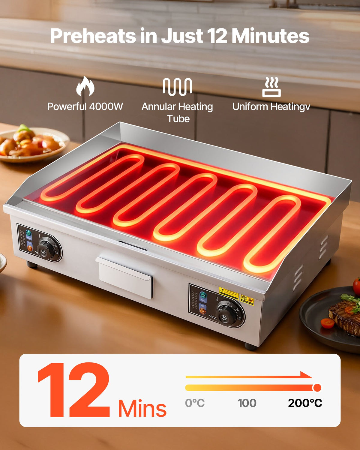 VEVOR Commercial Electric Grill, 655×400mm, 4000W, 50–300°C adjustable temperature control, stainless steel (outer shell), commercial grill pan, countertop flat grill pan, comes with 2 scrapers, 2 brushes and 4 feet, suitable for steaks (no plug).