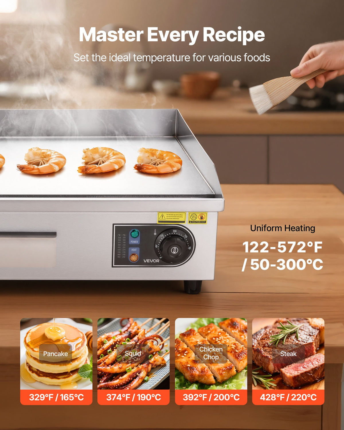 VEVOR Commercial Electric Grill, 655×400mm, 4000W, 50–300°C adjustable temperature control, stainless steel (outer shell), commercial grill pan, countertop flat grill pan, comes with 2 scrapers, 2 brushes and 4 feet, suitable for steaks (no plug).