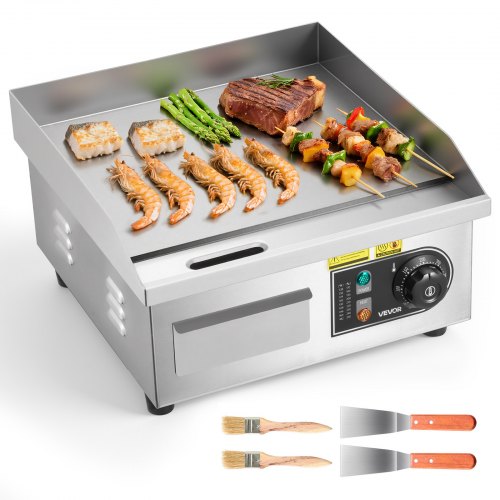 VEVOR Commercial Electric Grill, 355×300mm, 2000W, 50–300°C adjustable temperature control, stainless steel (outer shell), commercial flat grill pan, comes with 2 scrapers and 2 brushes, suitable for steaks, pancakes, and squid.