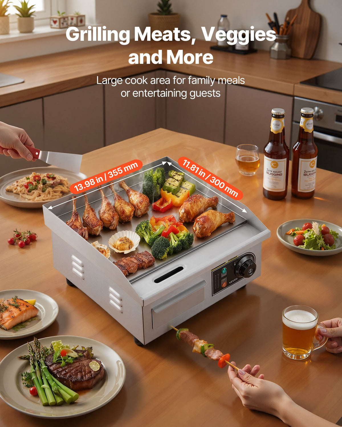 VEVOR Commercial Electric Grill, 355×300mm, 2000W, 50–300°C adjustable temperature control, stainless steel (outer shell), commercial flat grill pan, comes with 2 scrapers and 2 brushes, suitable for steaks, pancakes, and squid.
