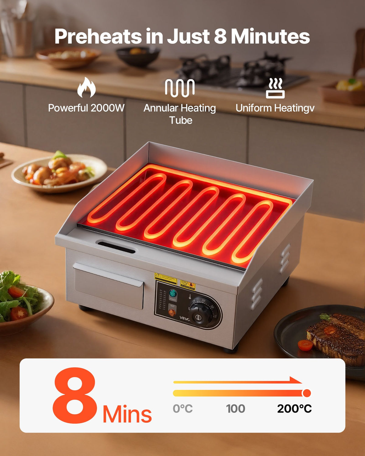 VEVOR Commercial Electric Grill, 355×300mm, 2000W, 50–300°C adjustable temperature control, stainless steel (outer shell), commercial flat grill pan, comes with 2 scrapers and 2 brushes, suitable for steaks, pancakes, and squid.