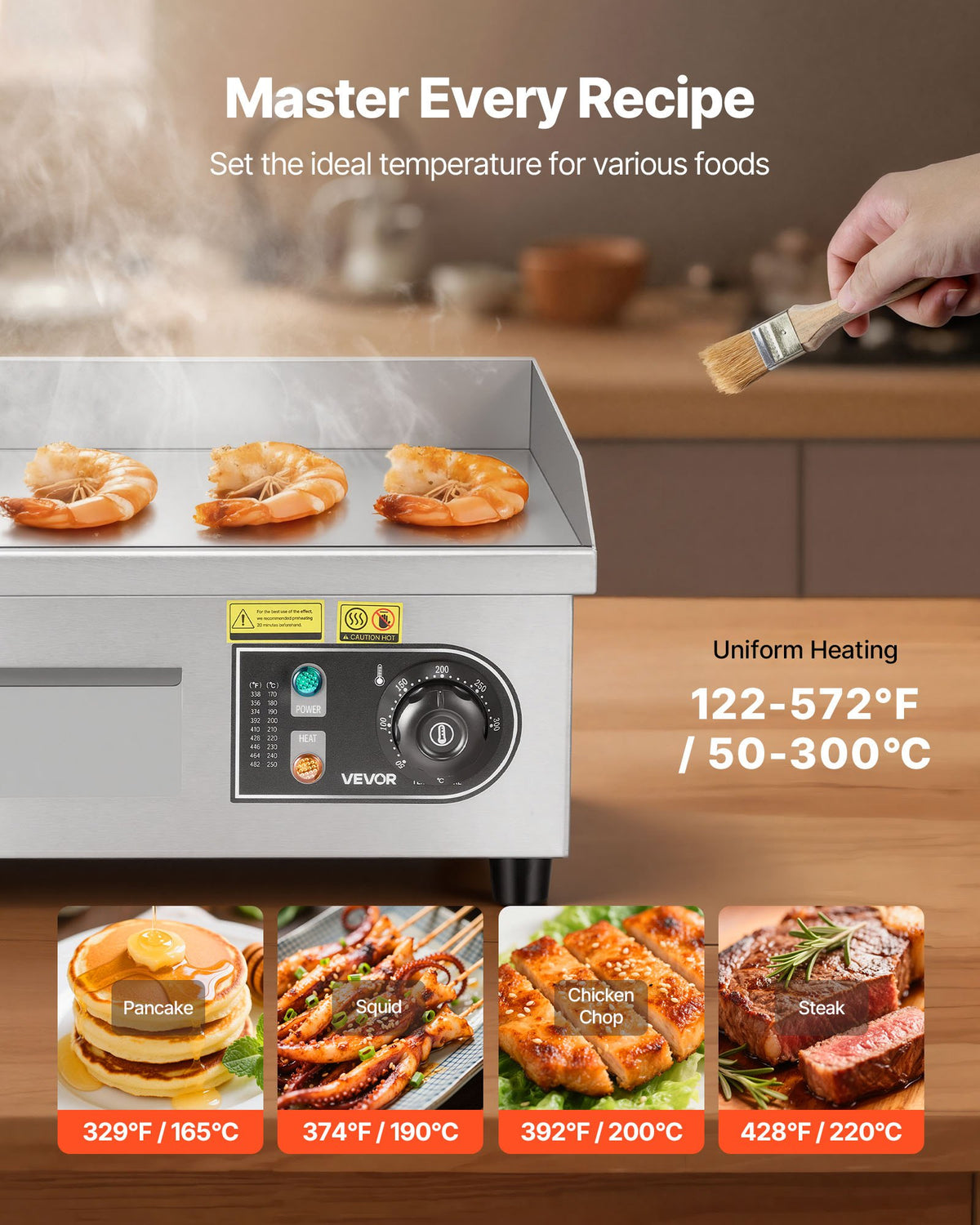 VEVOR Commercial Electric Grill, 355×300mm, 2000W, 50–300°C adjustable temperature control, stainless steel (outer shell), commercial flat grill pan, comes with 2 scrapers and 2 brushes, suitable for steaks, pancakes, and squid.