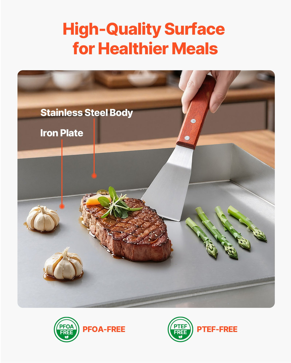 VEVOR Commercial Electric Grill, 355×300mm, 2000W, 50–300°C adjustable temperature control, stainless steel (outer shell), commercial flat grill pan, comes with 2 scrapers and 2 brushes, suitable for steaks, pancakes, and squid.