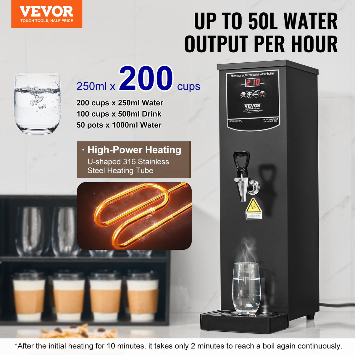 VEVOR Commercial Water Boiler, Electric Hot Water Dispenser with 316 Stainless Steel Heating Tube, 1500W Step-by-step Fast Heating 50L per Hour Hot Water Boiler, for Coffee Tea Restaurant Office