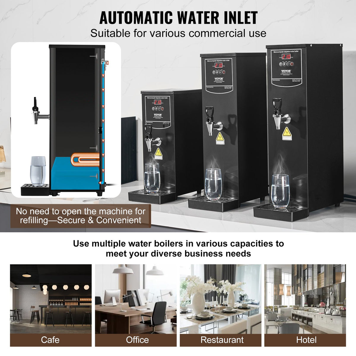 VEVOR Commercial Water Boiler, Electric Hot Water Dispenser with 316 Stainless Steel Heating Tube, 1500W Step-by-step Fast Heating 50L per Hour Hot Water Boiler, for Coffee Tea Restaurant Office