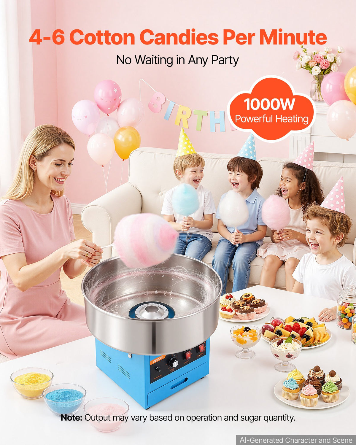 VEVOR Cotton Candy Machine Commercial 1000W Electric Candy Floss Maker Blue, Ideal for Home, Carnival, Birthday, Family Party, Easy Use with 52 cm Stainless Steel Bowl, Storage Drawer, Sugar Scoop