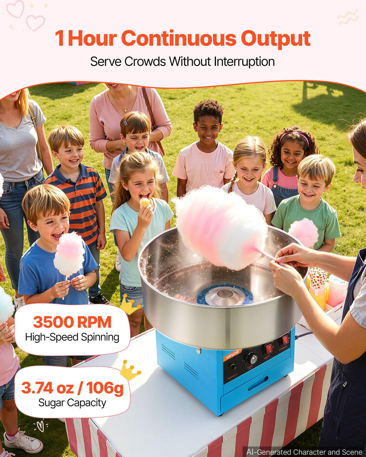 VEVOR Cotton Candy Machine Commercial 1000W Electric Candy Floss Maker Blue, Ideal for Home, Carnival, Birthday, Family Party, Easy Use with 52 cm Stainless Steel Bowl, Storage Drawer, Sugar Scoop